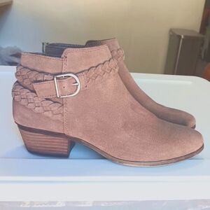mid-calf boots,zipper,suede leather, light brown,braided buckle strap,sz 8½M.